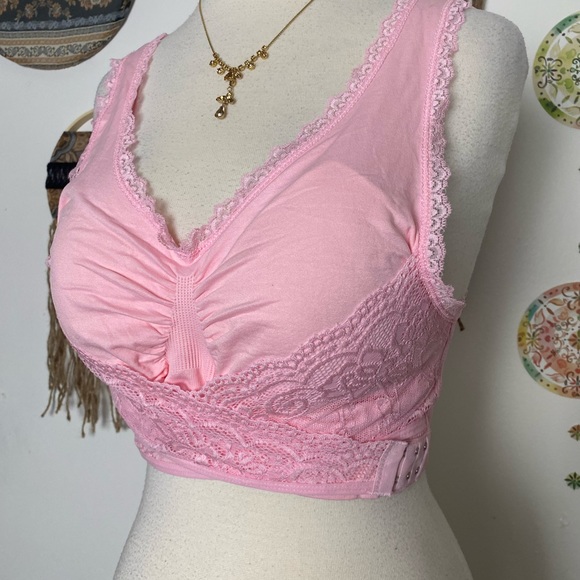 NWOT pink sports bra lace trim front wrap around closure adjustable stretch 2 XL - Picture 1 of 11